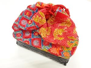 リサイクル　縮緬地古典柄模様竹籠巾着